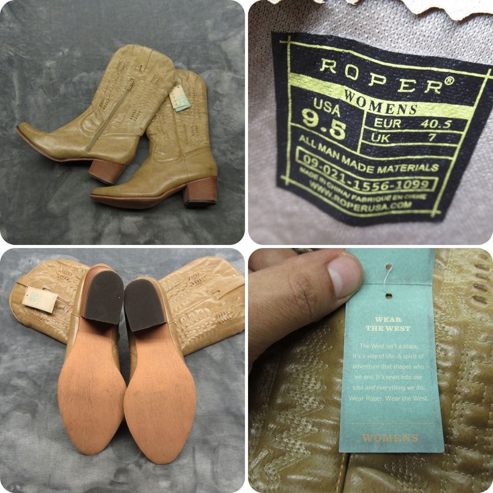 Roper Western Boots Women 9.5 Beige Faux Leather Block Heel Side Zip Cowboy NWD
